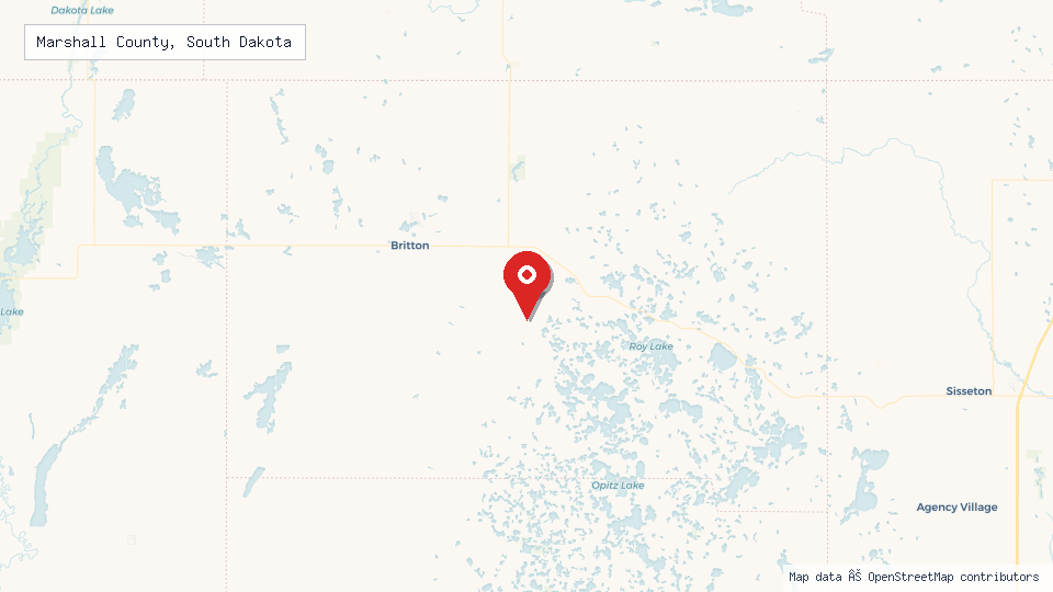 Street map of Marshall County, South Dakota with location pin