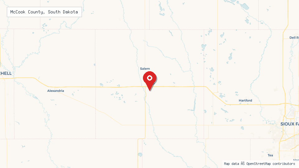 Street map of McCook County, South Dakota with location pin