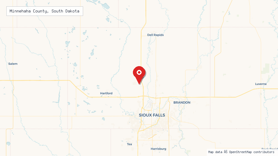 Street map of Minnehaha County, South Dakota with location pin