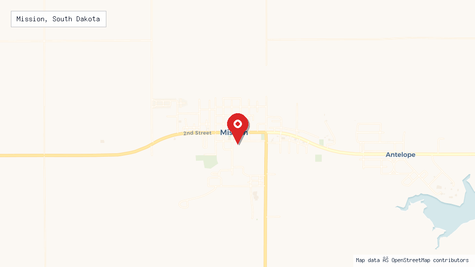 Street map of Mission, South Dakota with location pin