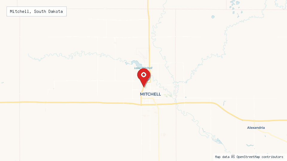 Street map of Mitchell, South Dakota with location pin