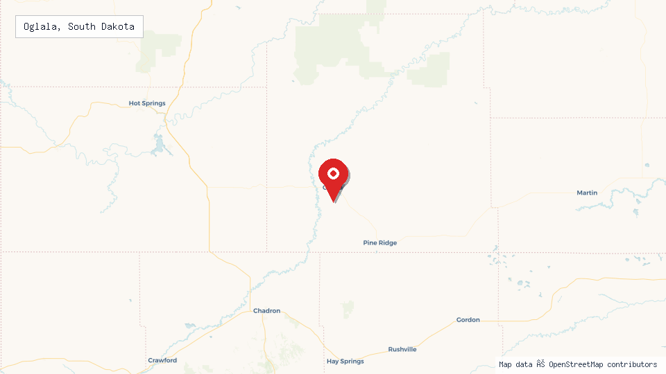 Street map of Oglala, South Dakota with location pin