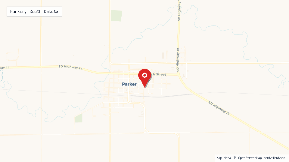 Street map of Parker, South Dakota with location pin