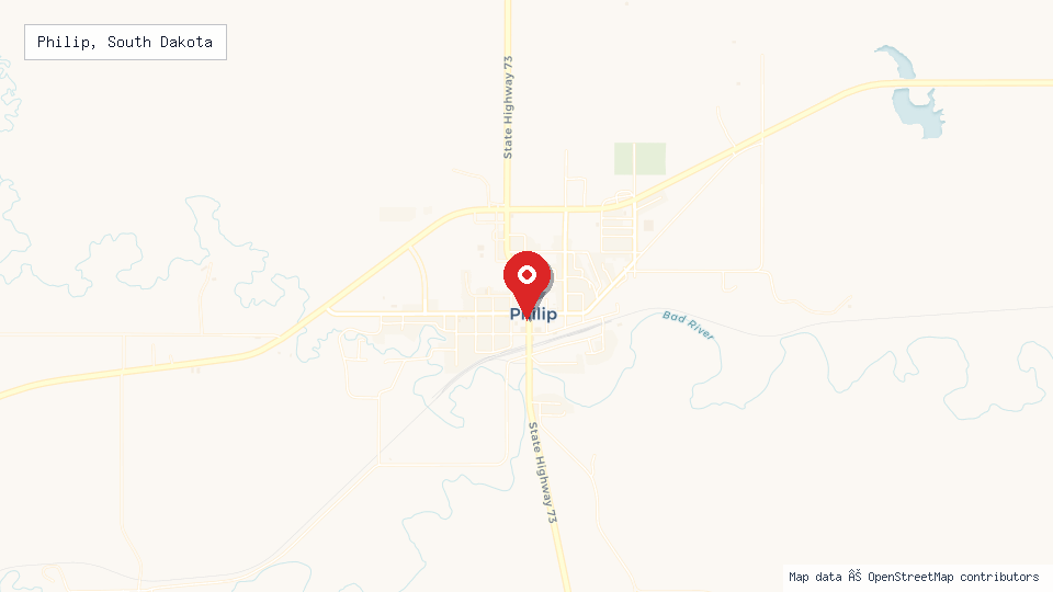 Street map of Philip, South Dakota with location pin