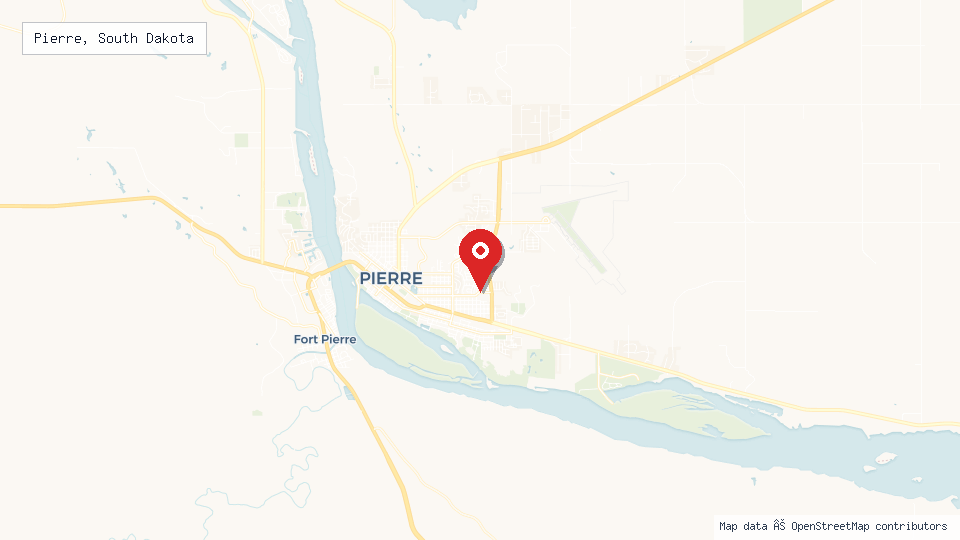 Street map of Pierre, South Dakota with location pin