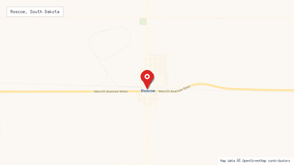 Street map of Roscoe, South Dakota with location pin