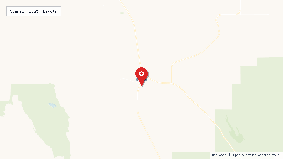 Street map of Scenic, South Dakota with location pin
