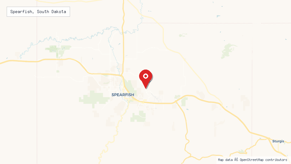 Street map of Spearfish, South Dakota with location pin