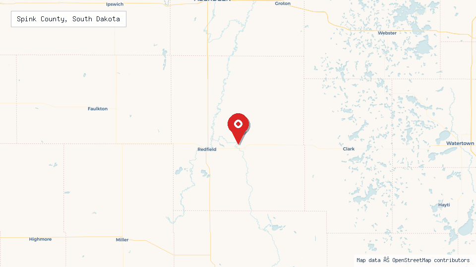 Street map of Spink County, South Dakota with location pin