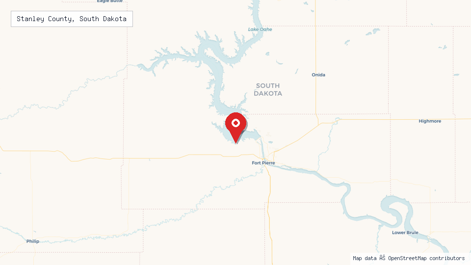 Street map of Stanley County, South Dakota with location pin