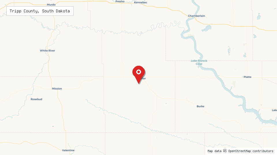 Street map of Tripp County, South Dakota with location pin