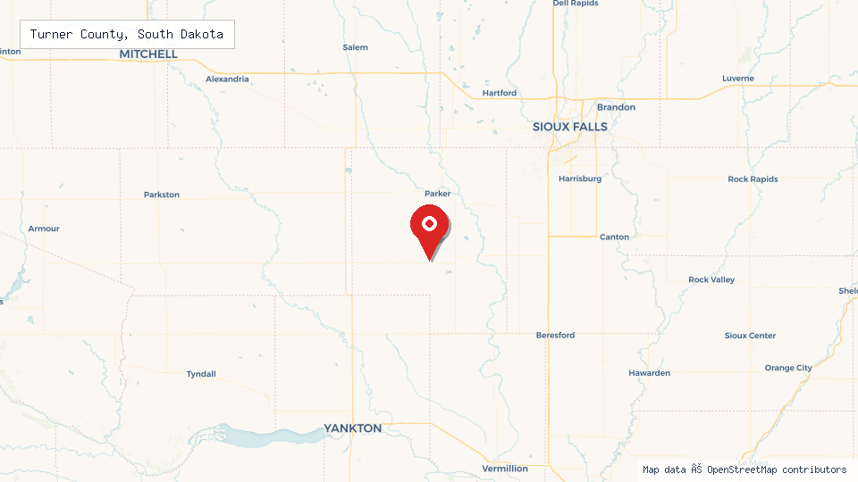 Street map of Turner County, South Dakota with location pin