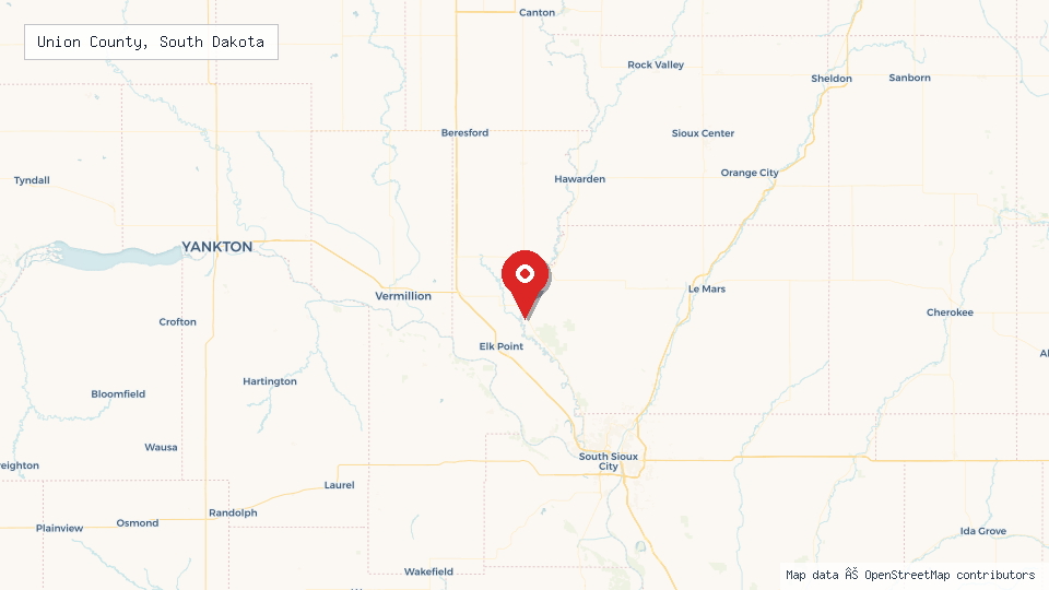 Street map of Union County, South Dakota with location pin