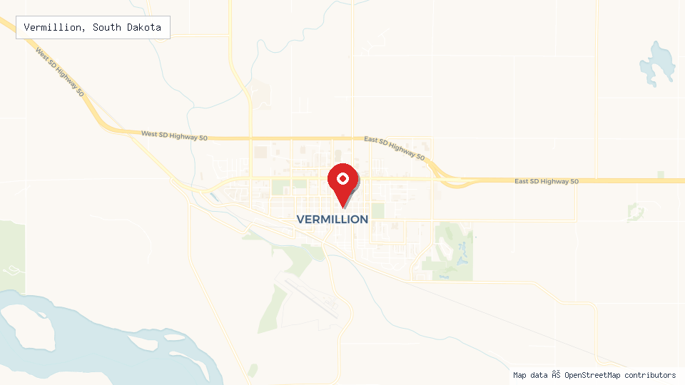 Street map of Vermillion, South Dakota with location pin