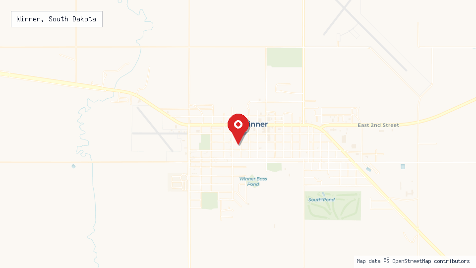 Street map of Winner, South Dakota with location pin