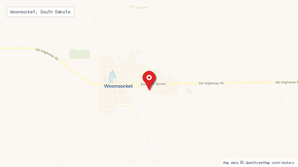 Street map of Woonsocket, South Dakota with location pin
