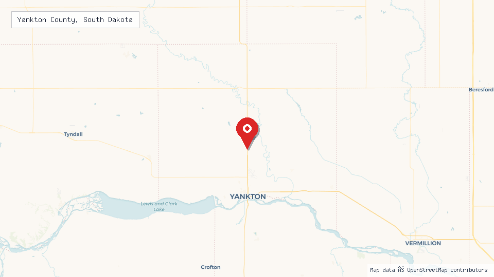 Street map of Yankton County, South Dakota with location pin