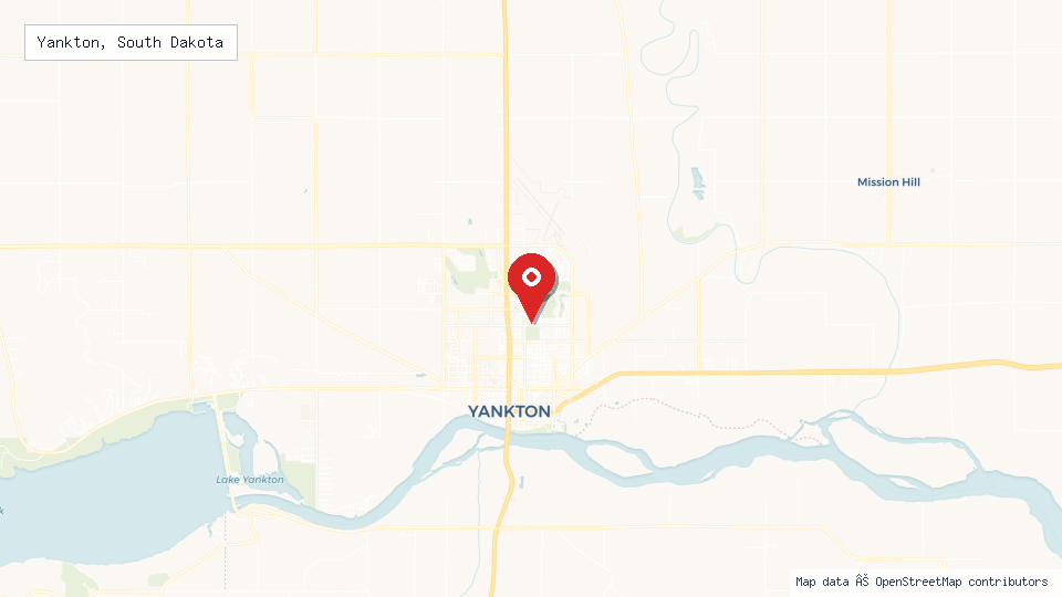 Street map of Yankton, South Dakota with location pin