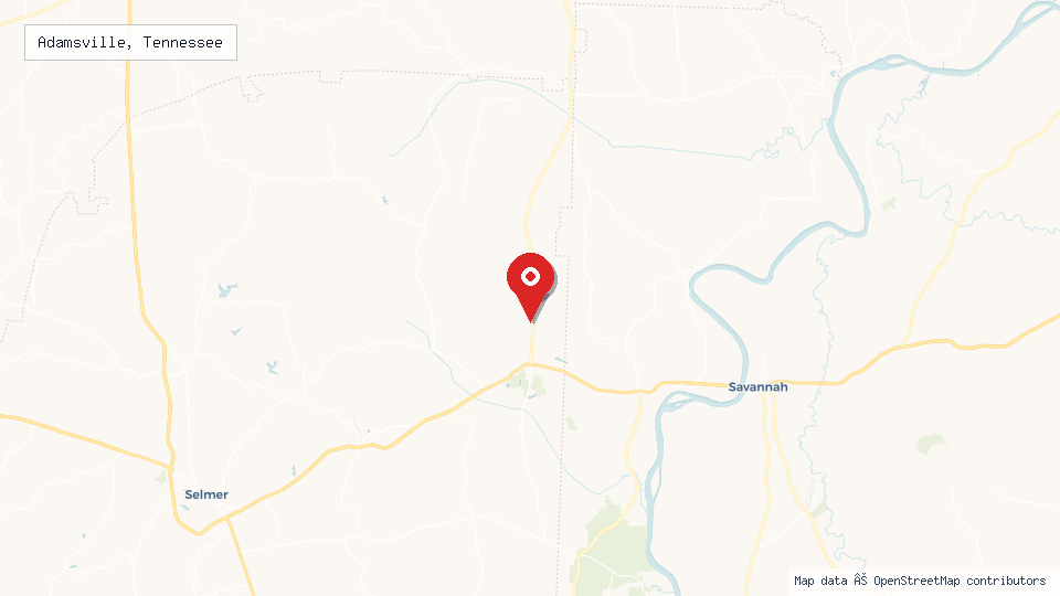 Street map of Adamsville, Tennessee with location pin