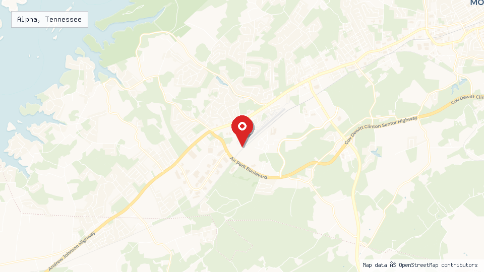 Street map of Alpha, Tennessee with location pin