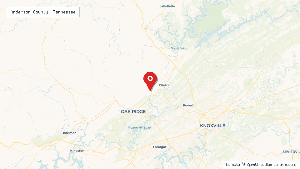 Street map of Anderson County, Tennessee with location pin