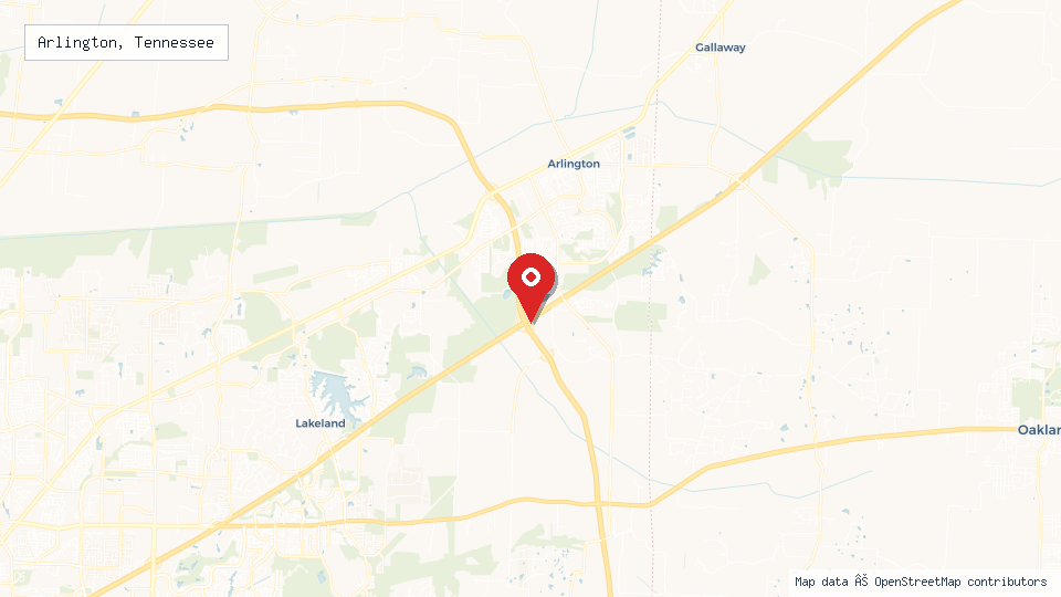 Street map of Arlington, Tennessee with location pin