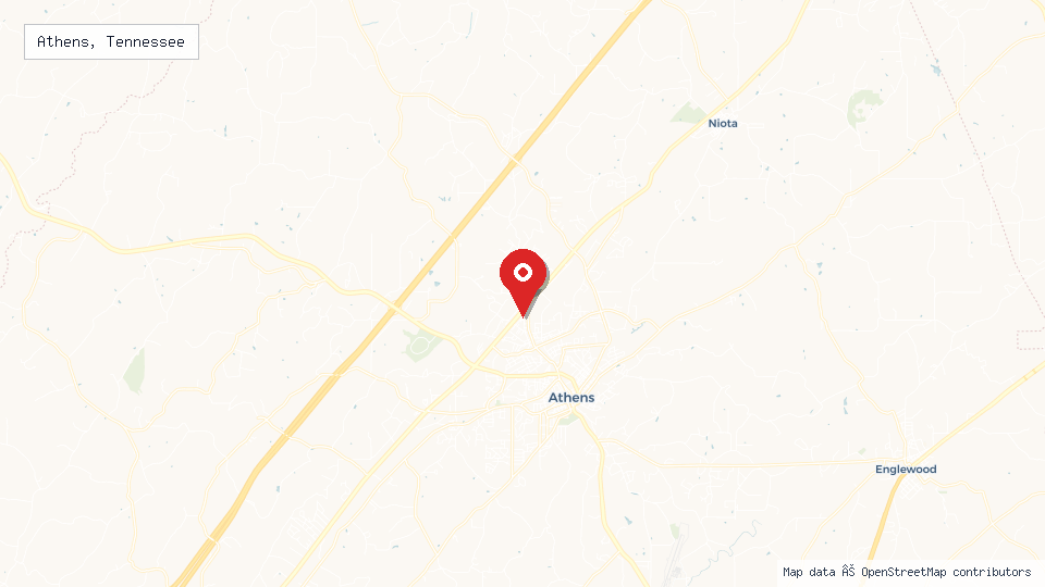 Street map of Athens, Tennessee with location pin