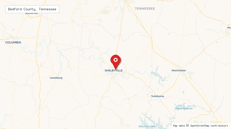 Street map of Bedford County, Tennessee with location pin