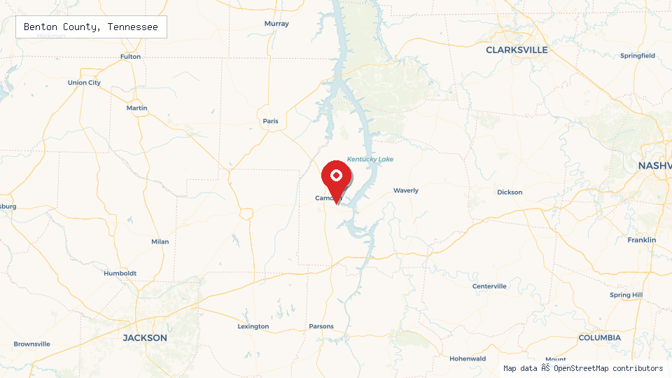 Street map of Benton County, Tennessee with location pin