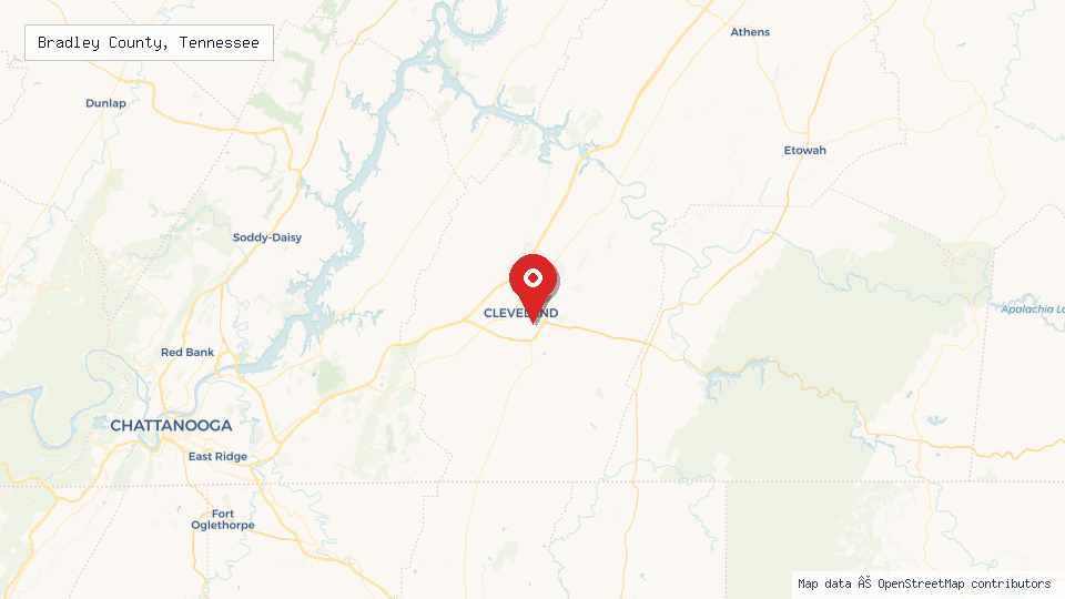 Street map of Bradley County, Tennessee with location pin