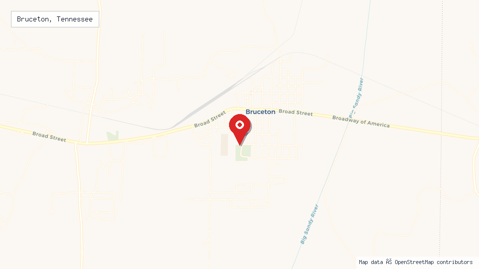 Street map of Bruceton, Tennessee with location pin