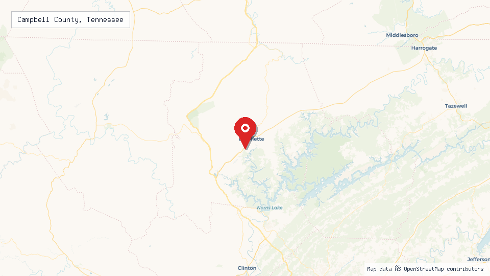 Street map of Campbell County, Tennessee with location pin