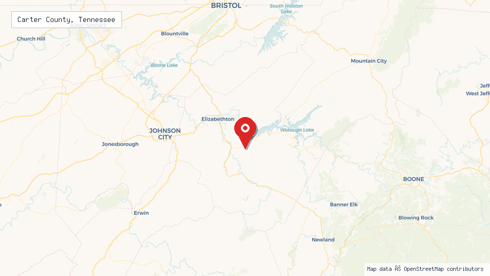 Street map of Carter County, Tennessee with location pin