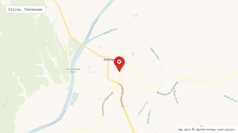 Street map of Celina, Tennessee with location pin