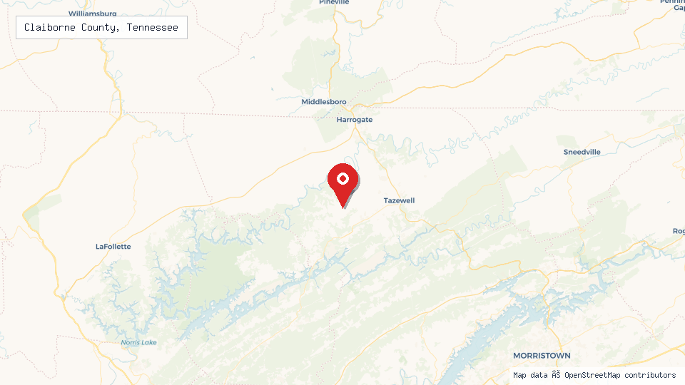 Street map of Claiborne County, Tennessee with location pin