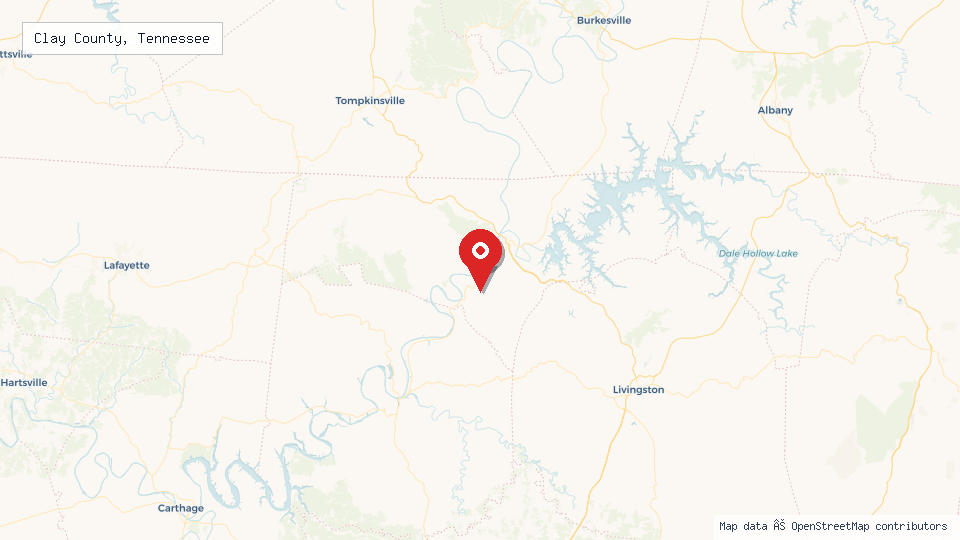 Street map of Clay County, Tennessee with location pin