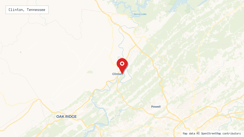 Street map of Clinton, Tennessee with location pin