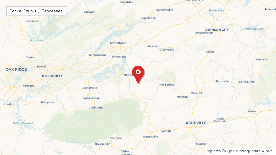Street map of Cocke County, Tennessee with location pin