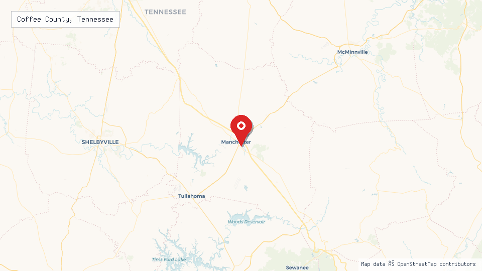 Street map of Coffee County, Tennessee with location pin