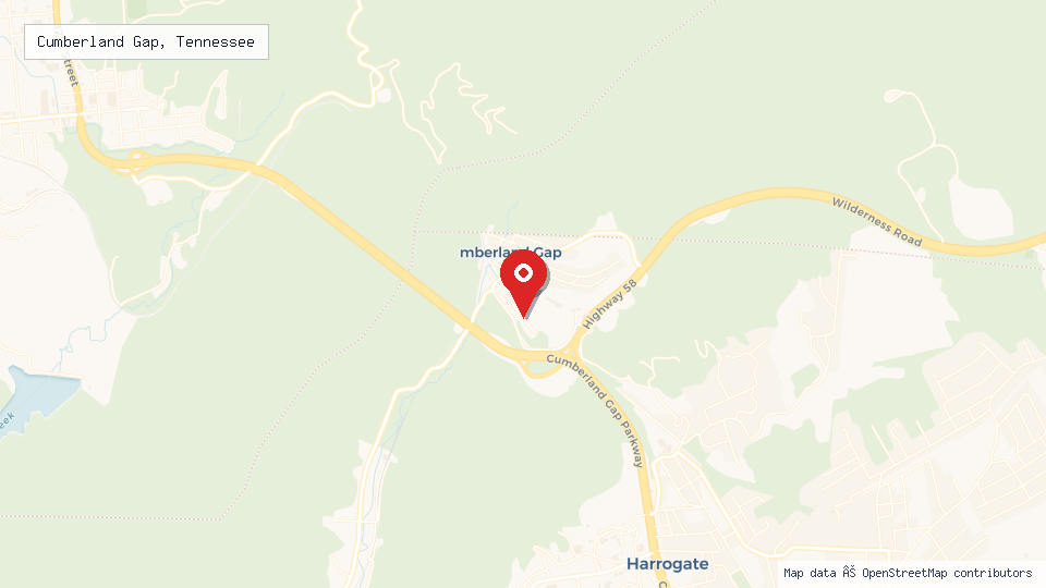 Street map of Cumberland Gap, Tennessee with location pin