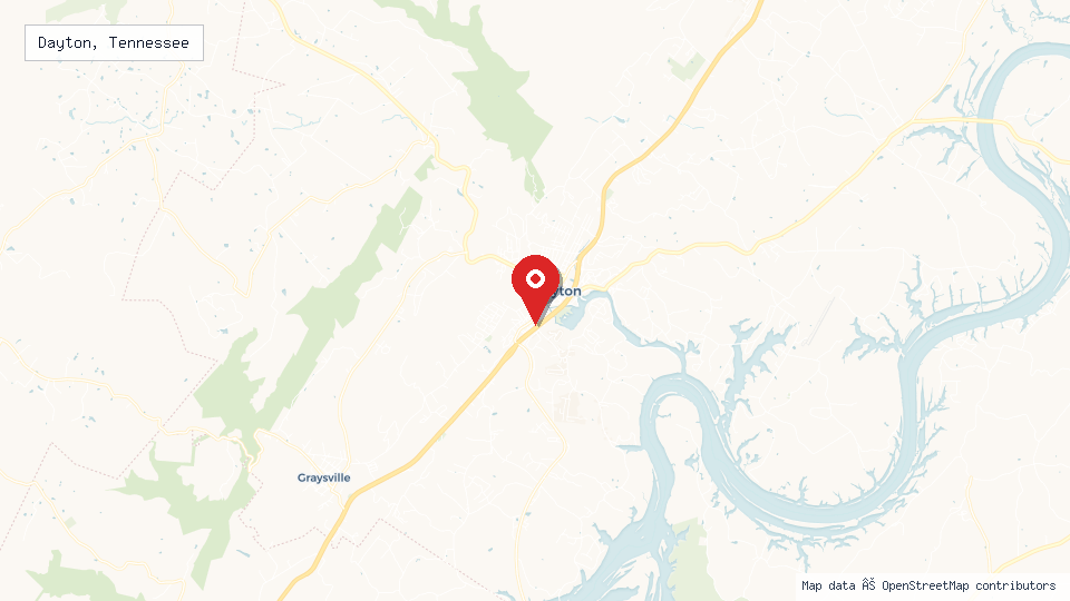 Street map of Dayton, Tennessee with location pin