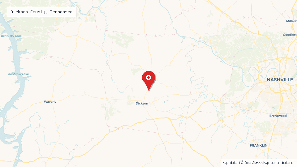Street map of Dickson County, Tennessee with location pin
