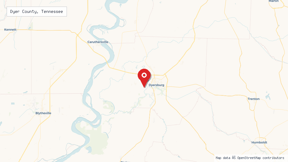 Street map of Dyer County, Tennessee with location pin