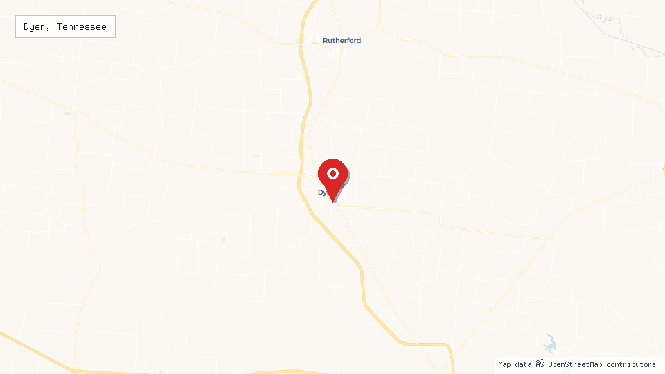 Street map of Dyer, Tennessee with location pin