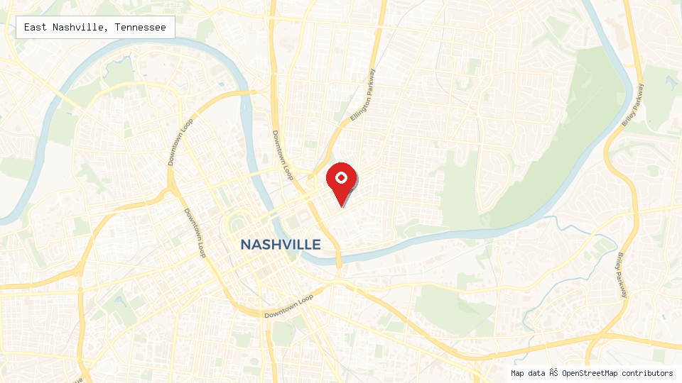 Street map of East Nashville, Tennessee with location pin