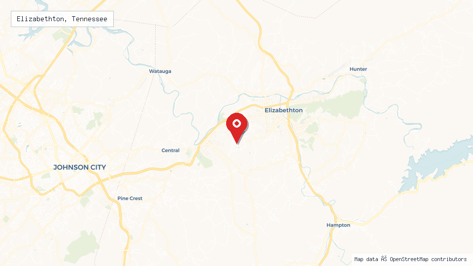 Street map of Elizabethton, Tennessee with location pin