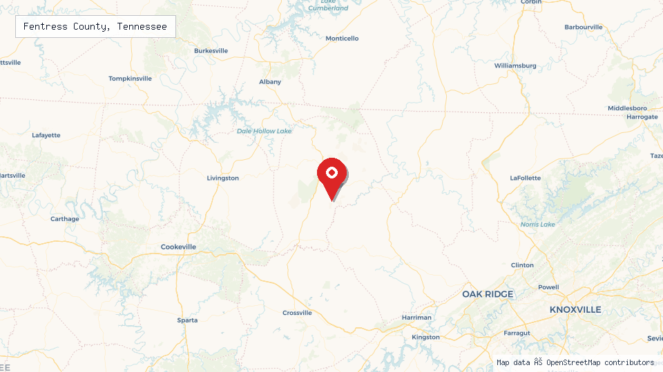 Street map of Fentress County, Tennessee with location pin