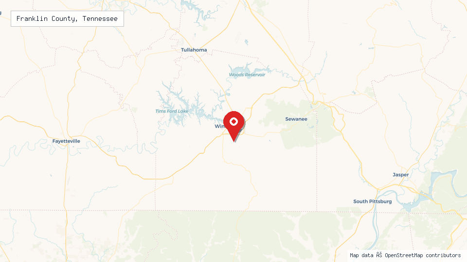 Street map of Franklin County, Tennessee with location pin