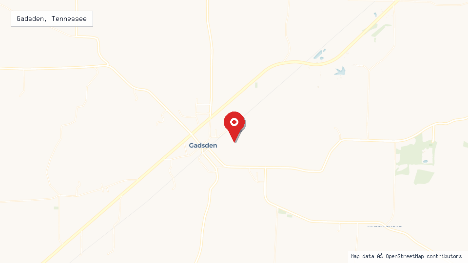 Street map of Gadsden, Tennessee with location pin