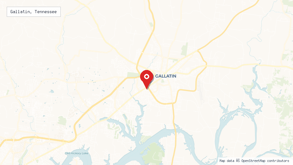 Street map of Gallatin, Tennessee with location pin